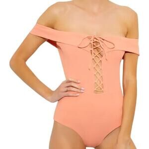 L Space Anja Off Shoulder Lace Up One Piece Swimsuit Tropical Peach 12 NWT